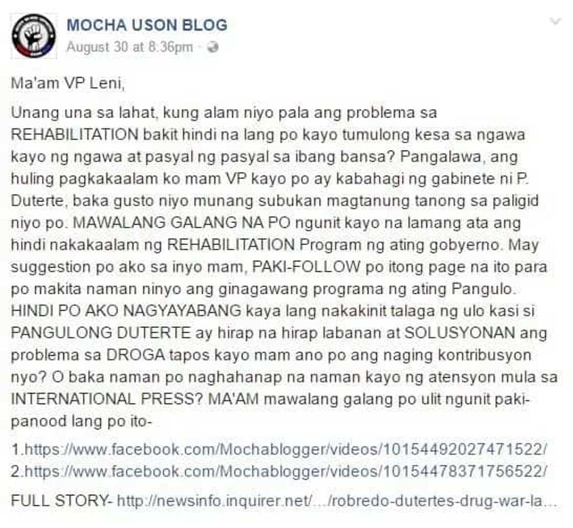 Mocha Uson responds to VP Leni on drug rehabilitation Mocha Uson responds to VP Leni on drug rehabilitation