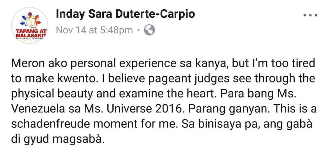 Inday Sara Duterte reacts to Mariel de Leon losing the Miss International 2017 pageant Inday Sara Duterte reacts to Mariel de Leon losing the Miss International 2017 pageant
