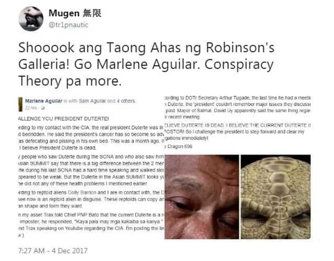 Walang naniwala! Netizens laugh off Marlene Aguilar's claim that current President Duterte is a reptoid alien