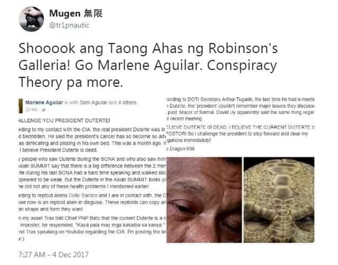 Walang naniwala! Netizens laugh off Marlene Aguilar's claim that current President Duterte is a reptoid alien Walang naniwala! Netizens laugh off Marlene Aguilar's claim that current President Duterte is a reptoid alien