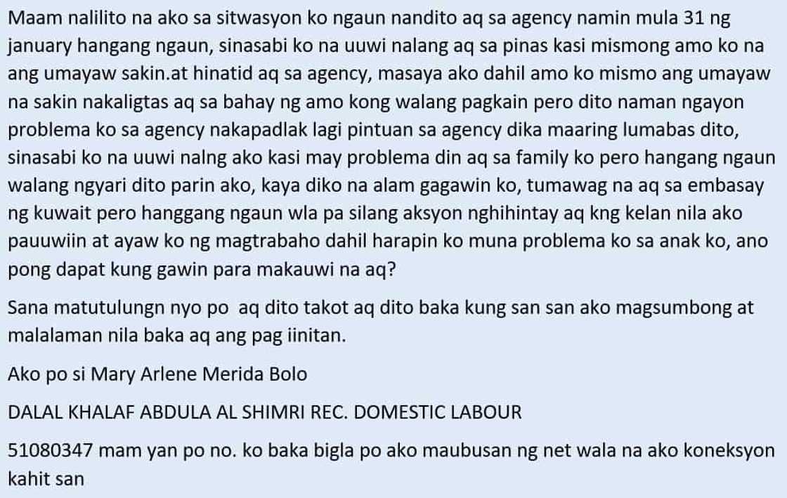 Isang OFW sa Kuwait ang humihingi ng tulong para makauwi ng Pilipinas