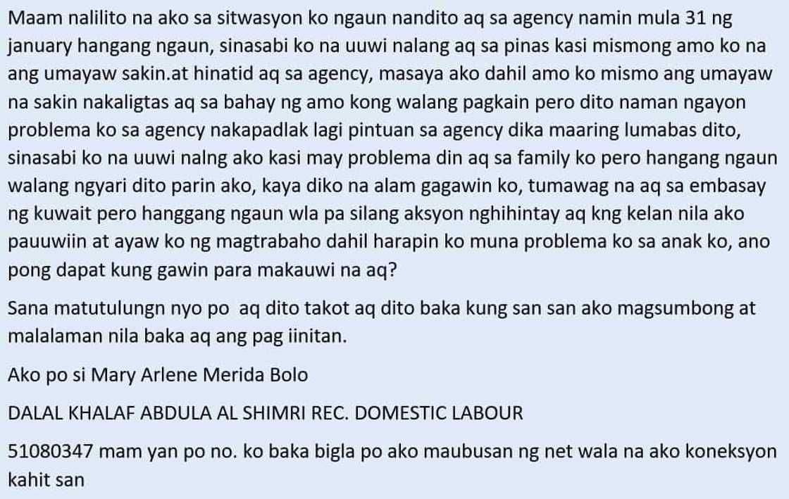 Isang OFW sa Kuwait ang humihingi ng tulong para makauwi ng Pilipinas Isang OFW sa Kuwait ang humihingi ng tulong para makauwi ng Pilipinas