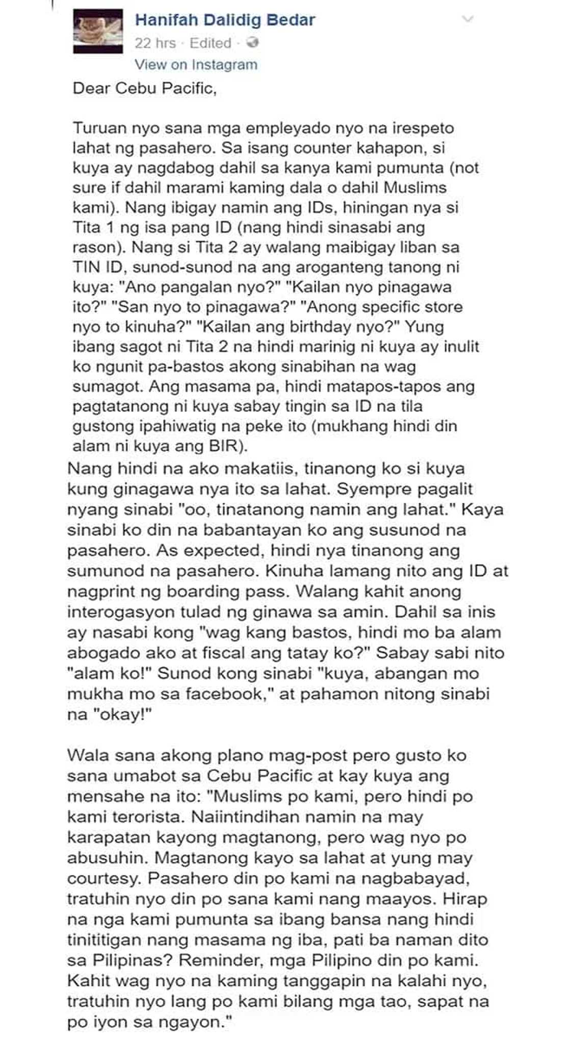 Muslim Woman Rants Online About the Alleged Discrimination From a Rude Employee of Cebu Pacific at the Airport! Read Her Story Here! Muslim Woman Rants Online About the Alleged Discrimination From a Rude Employee of Cebu Pacific at the Airport! Read Her Story Here!