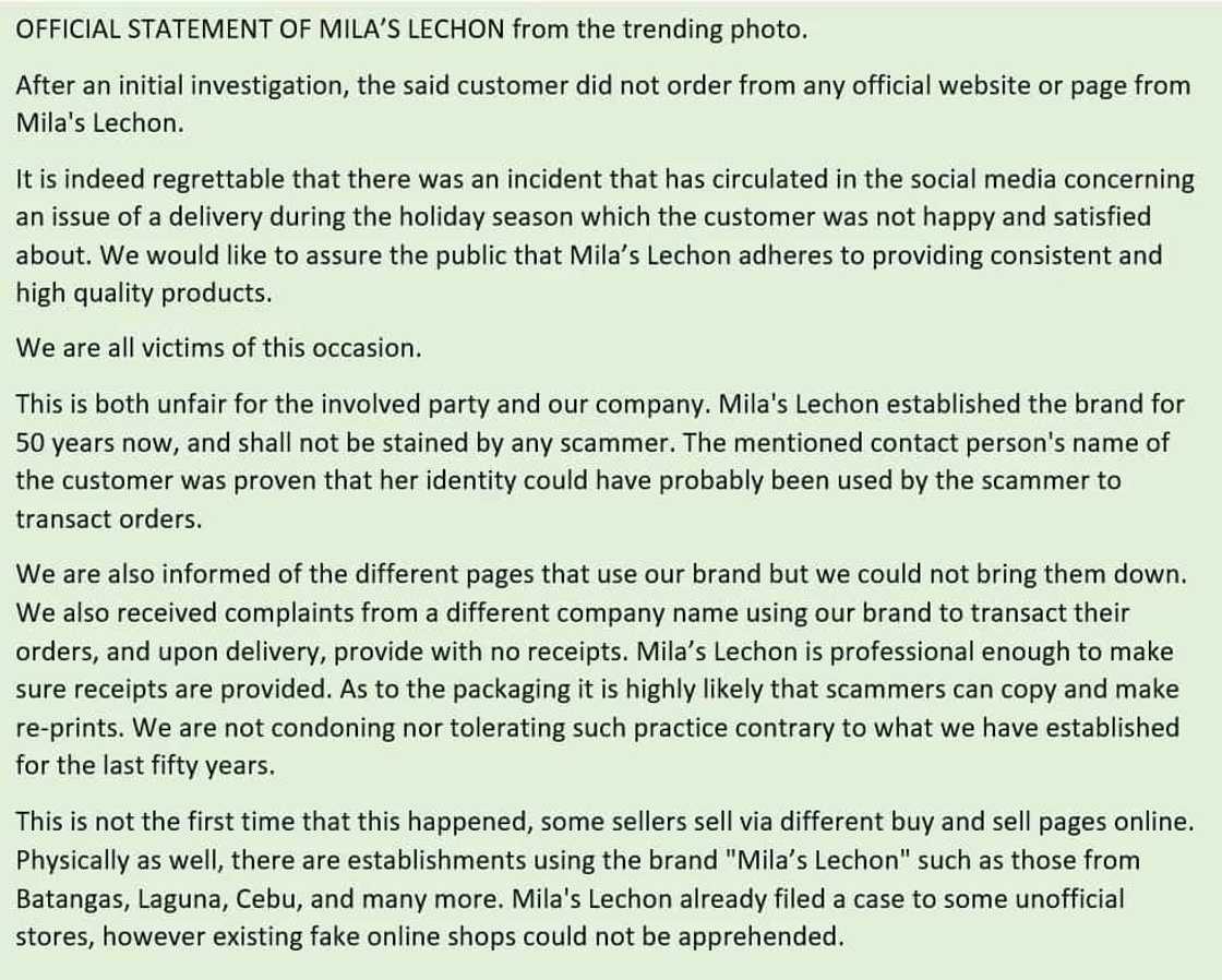 Na-scam daw ang buyer! Official statement of Mila's Lechon over trending lechon photo