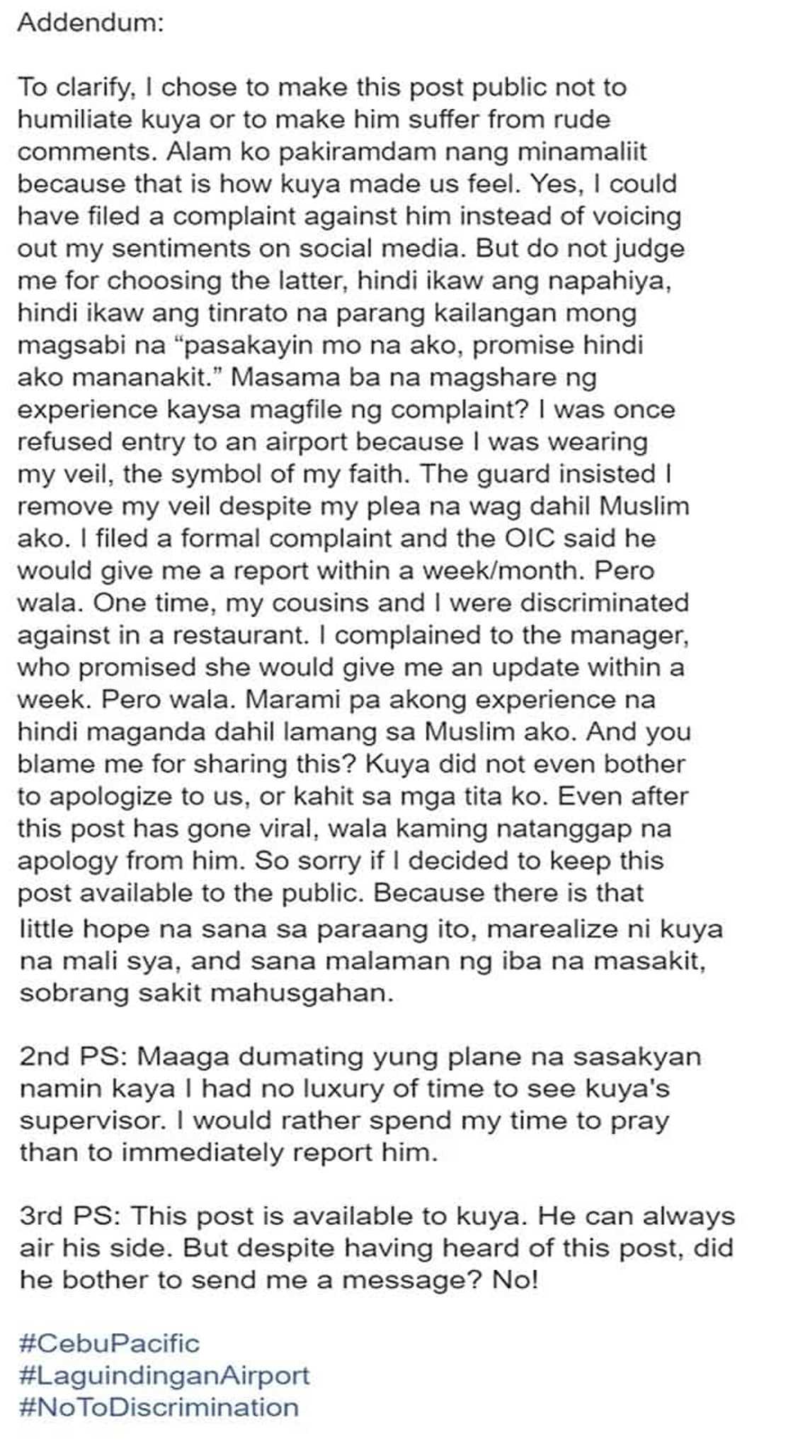 Muslim Woman Rants Online About the Alleged Discrimination From a Rude Employee of Cebu Pacific at the Airport! Read Her Story Here! Muslim Woman Rants Online About the Alleged Discrimination From a Rude Employee of Cebu Pacific at the Airport! Read Her Story Here!
