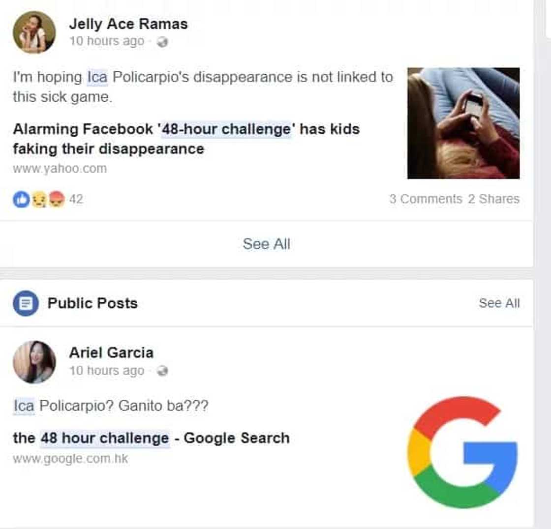 Nag "48 hour challenge" nga ba? Netizens speculate about Ica Policarpio's disappearance Nag "48 hour challenge" nga ba? Netizens speculate about Ica Policarpio's disappearance