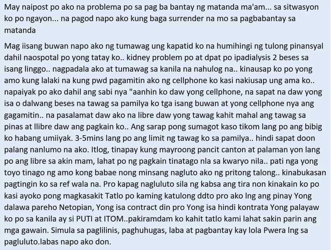 Hindi na kaya ni kabayan! An OFW in Jeddah who's suffering from alleged maltreatment seeks help so she could return to the Philippines