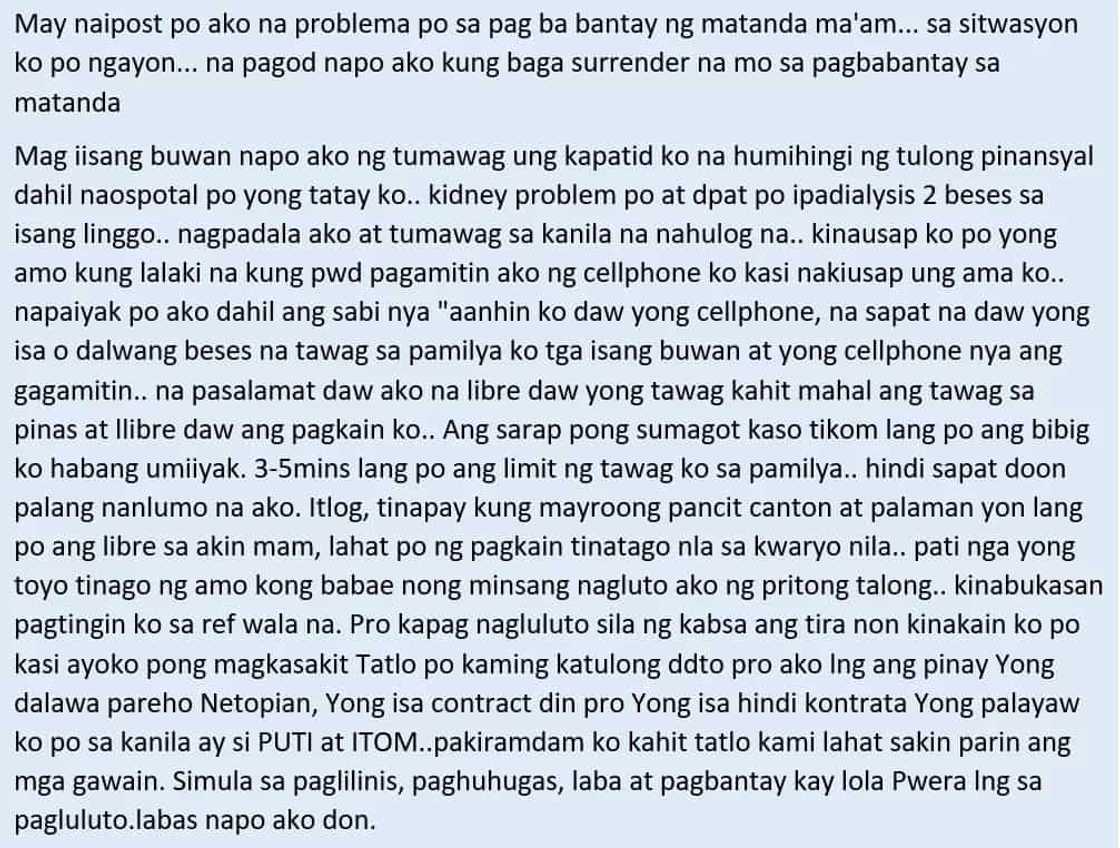 Hindi na kaya ni kabayan! An OFW in Jeddah who's suffering from alleged maltreatment seeks help so she could return to the Philippines Hindi na kaya ni kabayan! An OFW in Jeddah who's suffering from alleged maltreatment seeks help so she could return to the Philippines