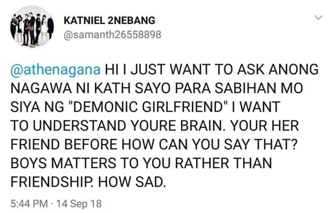 Athena Gana receives hate comments from KathNiel fans after calling Kathryn Bernardo 'demonic girlfriend' Athena Gana receives hate comments from KathNiel fans after calling Kathryn Bernardo 'demonic girlfriend'