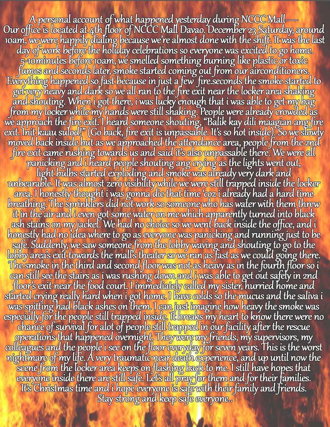 "Nasabi ko sa sarili ito na ang kamatayan ko” NCCC fire survivors recounted the horror that they experienced during the tragic incident "Nasabi ko sa sarili ito na ang kamatayan ko” NCCC fire survivors recounted the horror that they experienced during the tragic incident