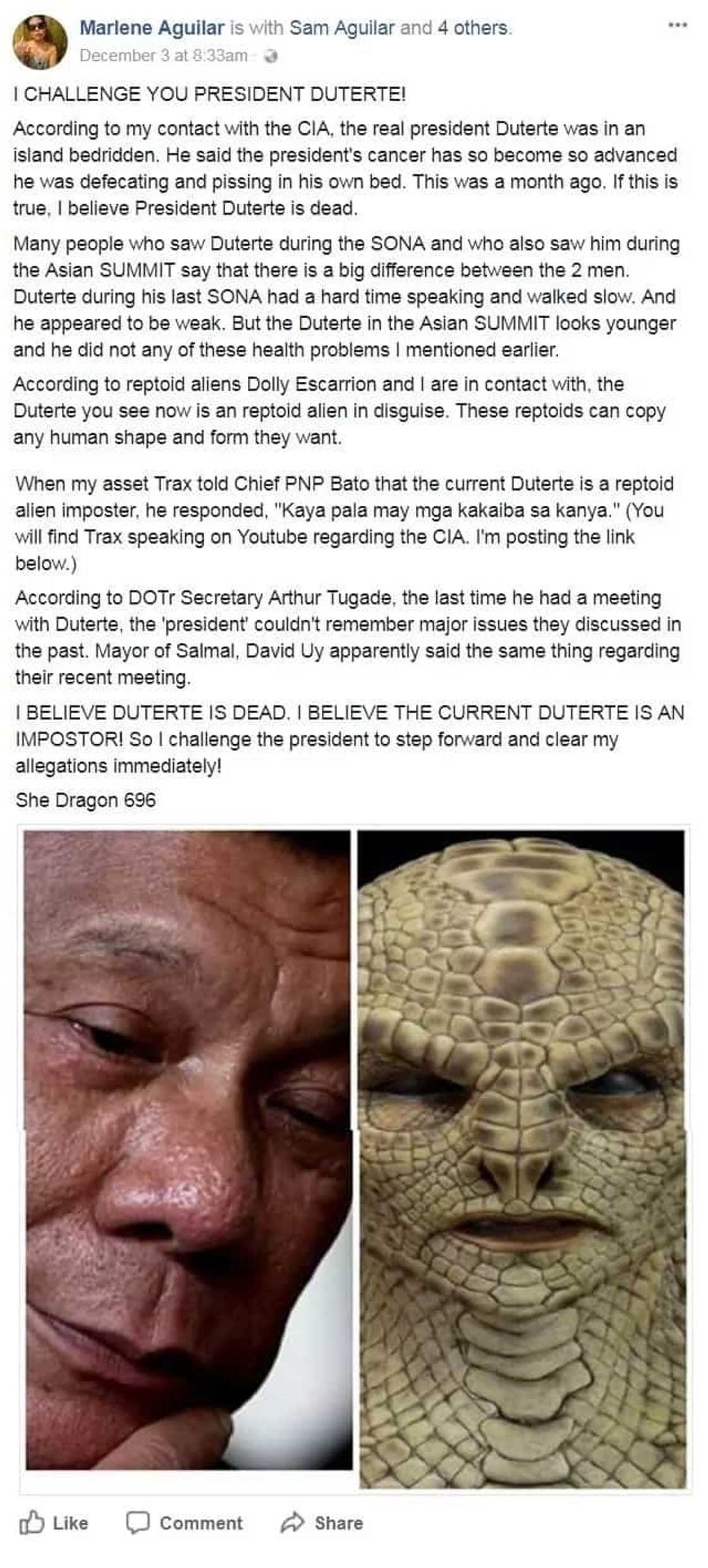 Walang naniwala! Netizens laugh off Marlene Aguilar's claim that current President Duterte is a reptoid alien Walang naniwala! Netizens laugh off Marlene Aguilar's claim that current President Duterte is a reptoid alien