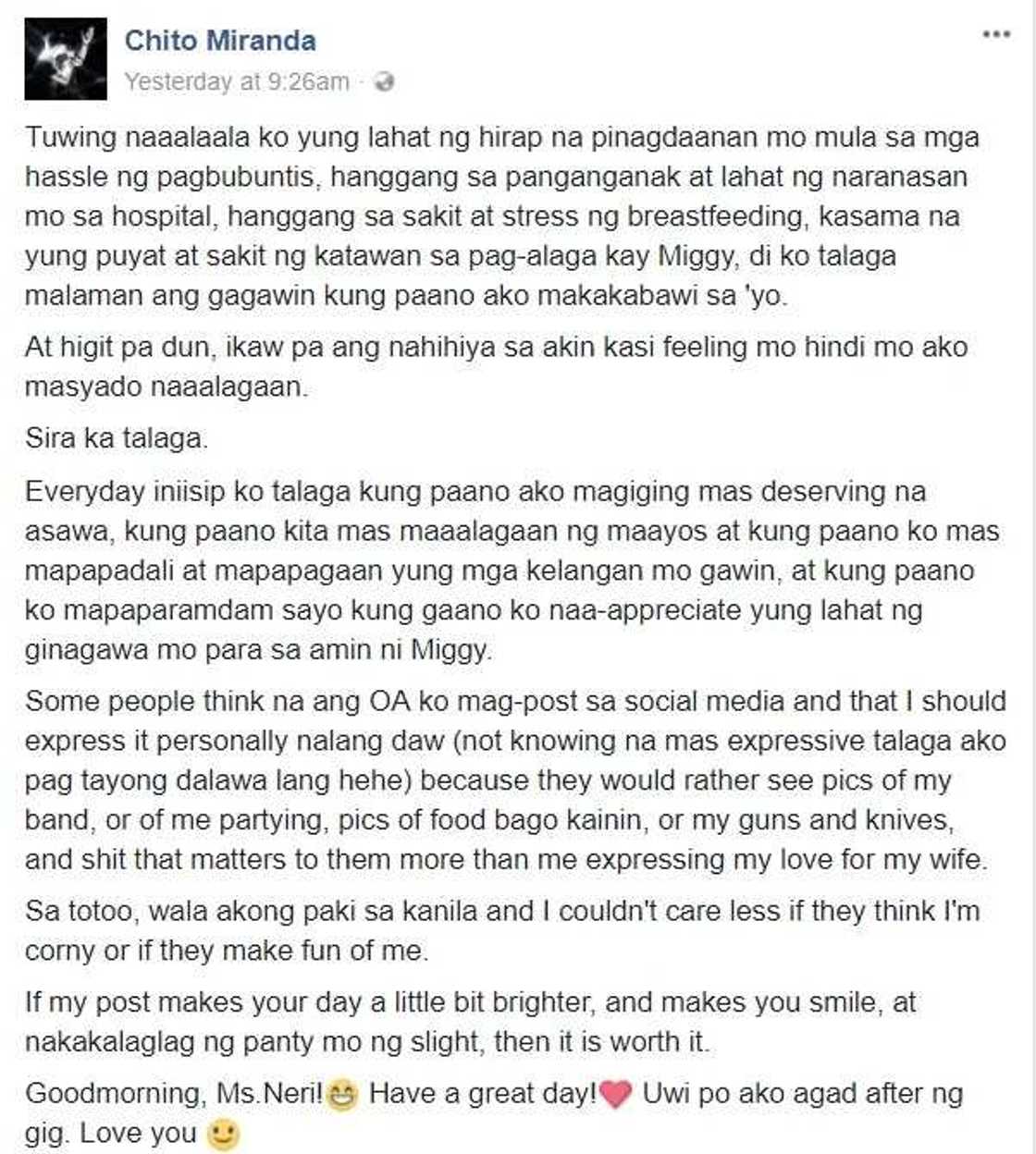 "Everyday iniisip ko talaga kung paano ako magiging mas deserving na asawa." Chito Miranda posts sweet message for Neri "Everyday iniisip ko talaga kung paano ako magiging mas deserving na asawa." Chito Miranda posts sweet message for Neri