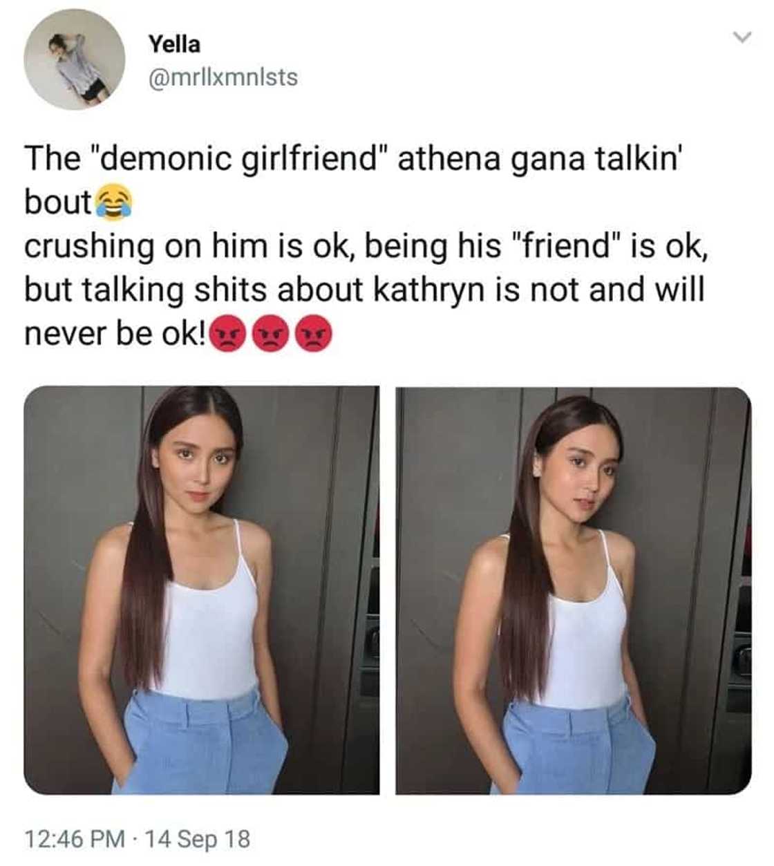 Athena Gana receives hate comments from KathNiel fans after calling Kathryn Bernardo 'demonic girlfriend' Athena Gana receives hate comments from KathNiel fans after calling Kathryn Bernardo 'demonic girlfriend'