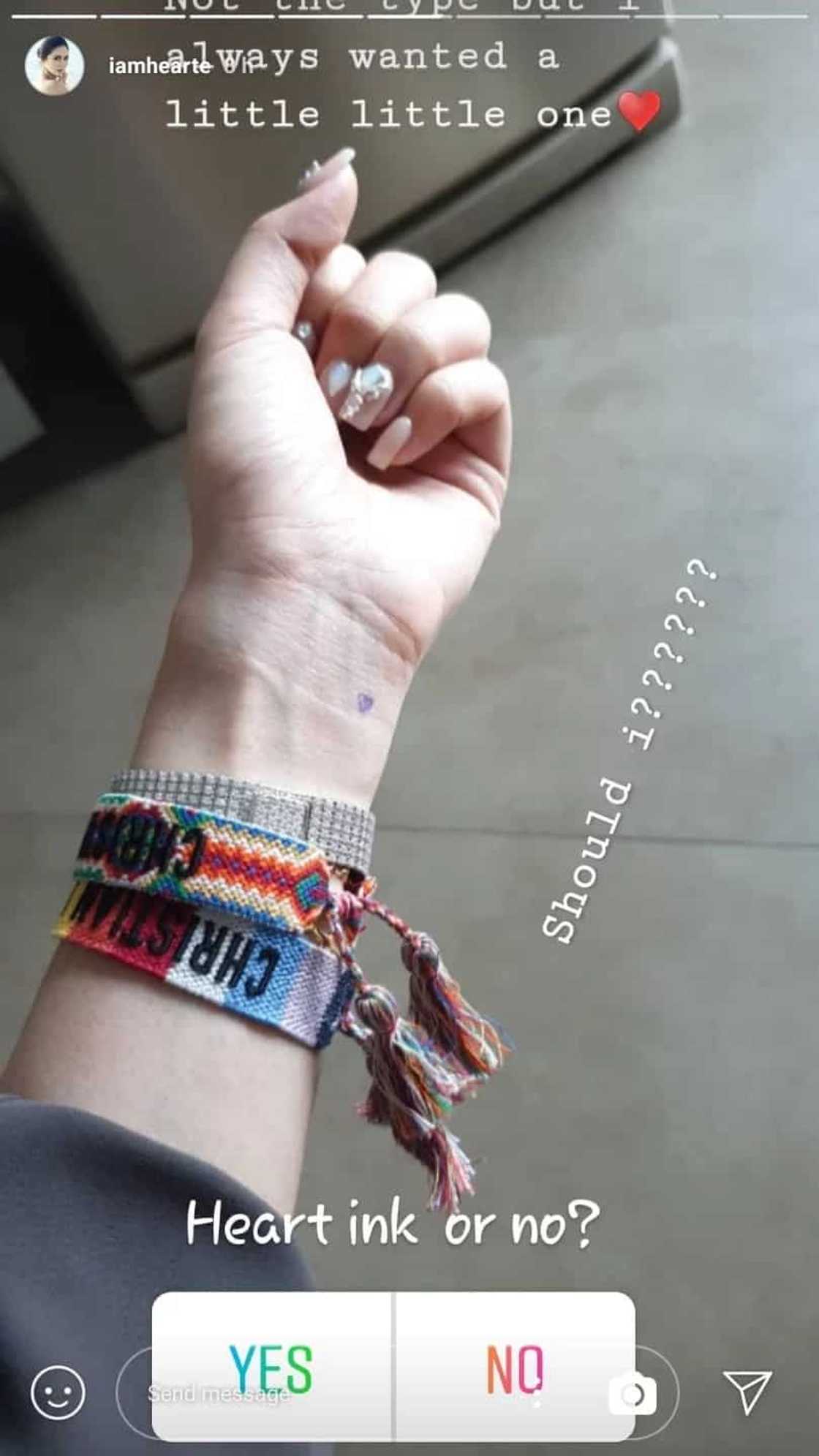 Cute! Heart Evangelista gets a little subtle tattoo on left wrist Cute! Heart Evangelista gets a little subtle tattoo on left wrist