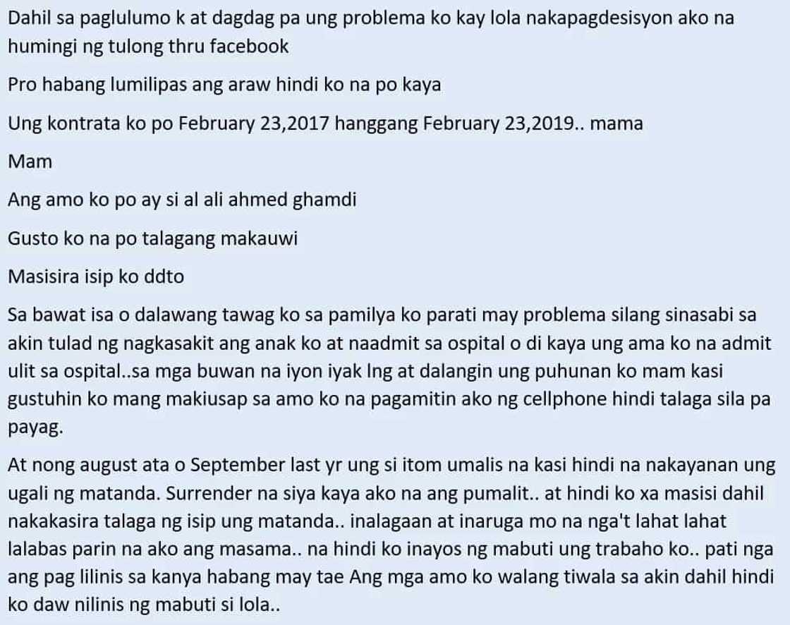 Hindi na kaya ni kabayan! An OFW in Jeddah who's suffering from alleged maltreatment seeks help so she could return to the Philippines