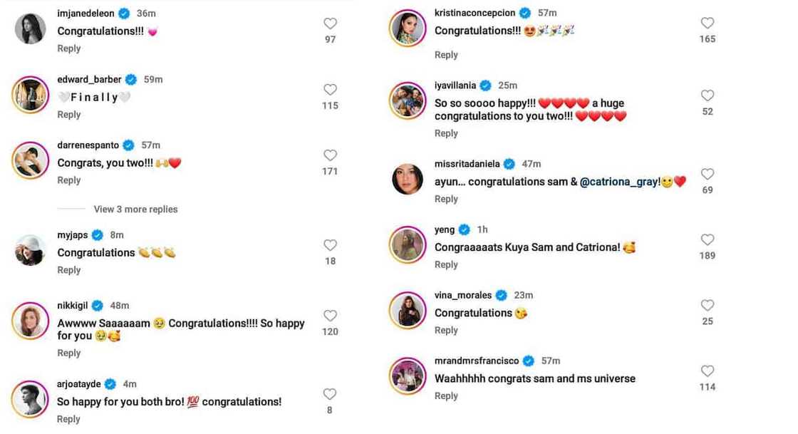 Celebrities react to Catriona Gray, Sam Milby’s engagement: “Congratulations” Celebrities react to Catriona Gray, Sam Milby’s engagement: “Congratulations”