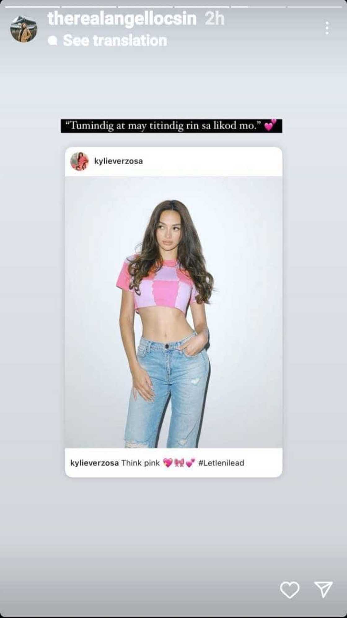 Angel Locsin reposts Kylie Verzosa’s post showing support for VP Leni Robredo Angel Locsin reposts Kylie Verzosa’s post showing support for VP Leni Robredo