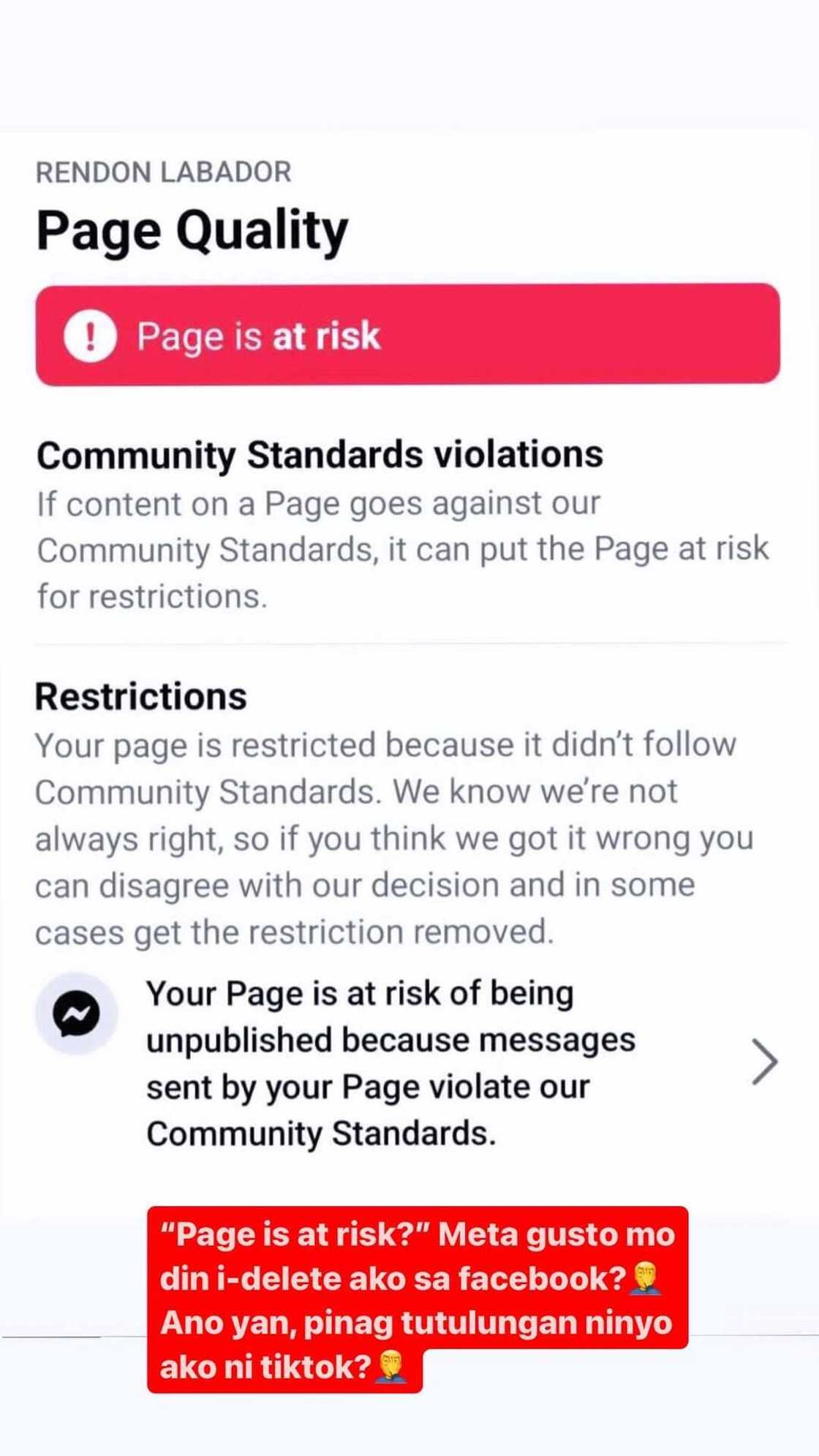 Rendon Labador, binahaging 'at risk' ang kanyang Facebook page