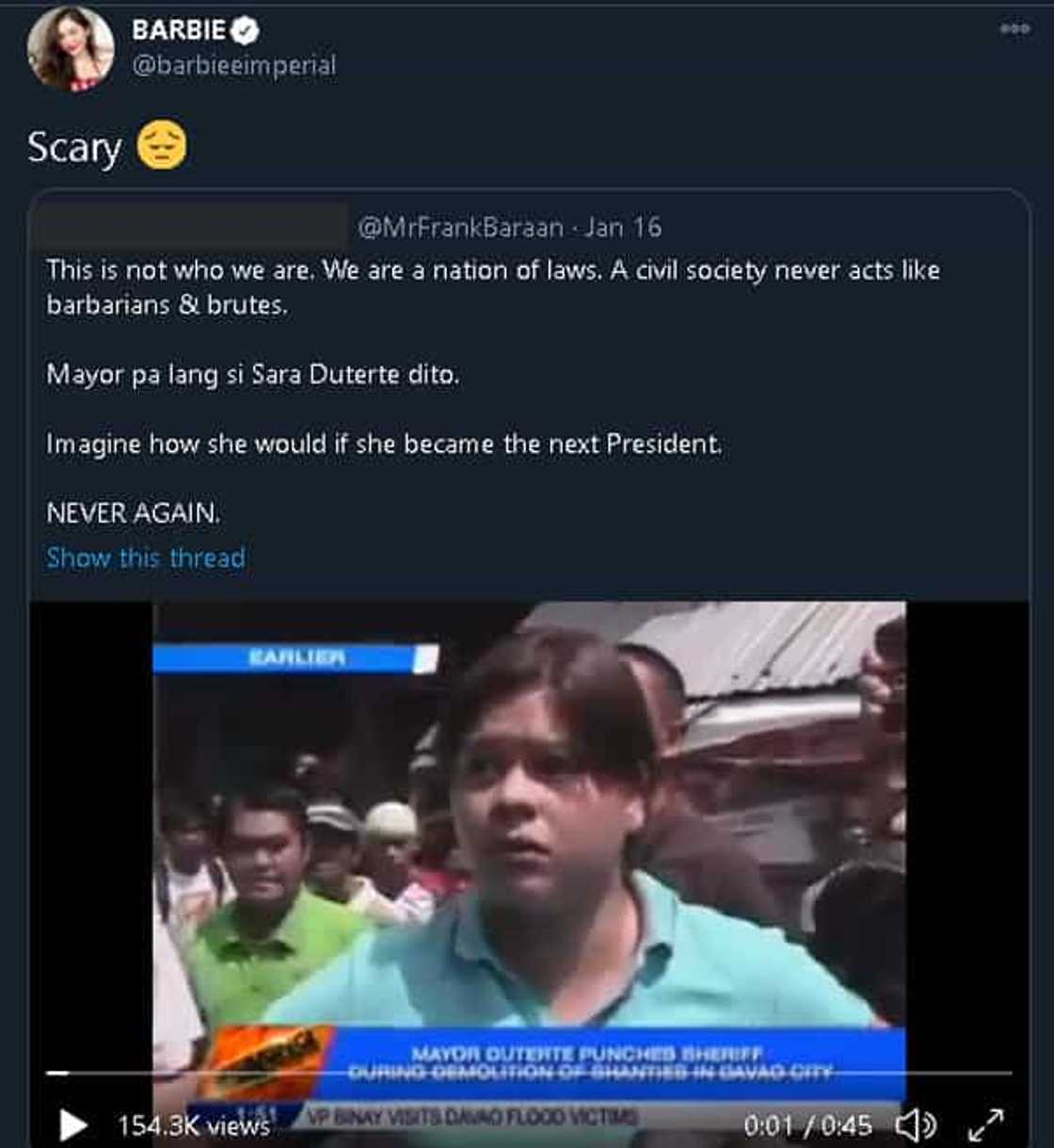 Barbie Imperial reacts to old video of Mayor Sara Duterte and sheriff during demolition Barbie Imperial reacts to old video of Mayor Sara Duterte and sheriff during demolition
