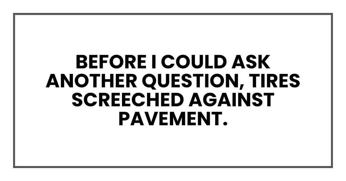 Before I could ask another question, tires screeched against pavement.
