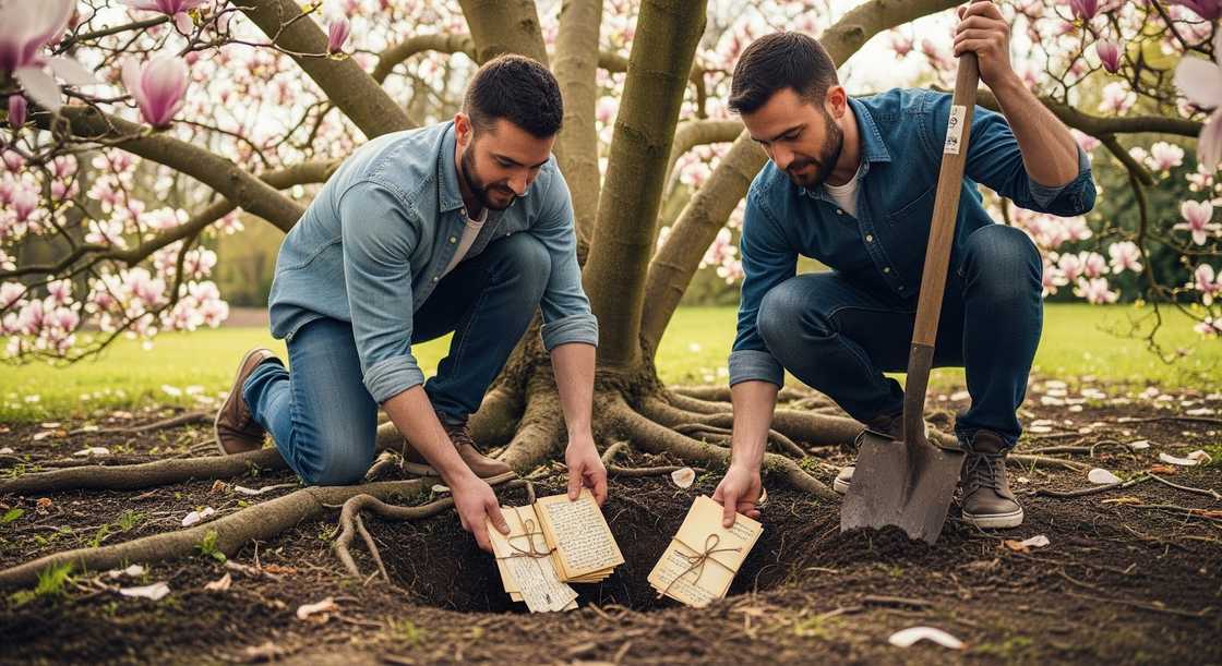 Two men burying letters under magnolia tree.