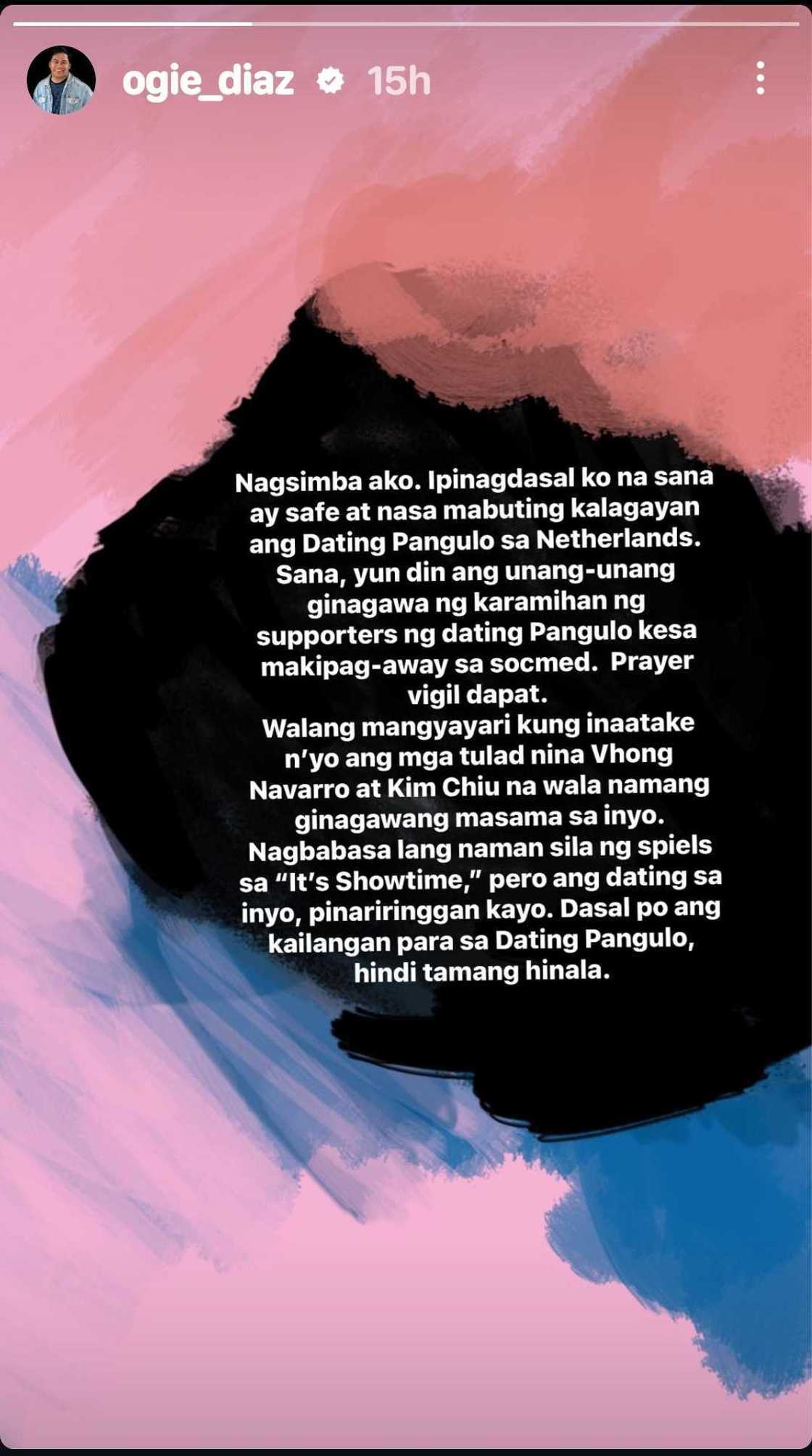 Ogie Diaz, ipinagdasal si FPRRD; may mensahe sa mga umaatake kina Vhong Navarro at Kim Chiu