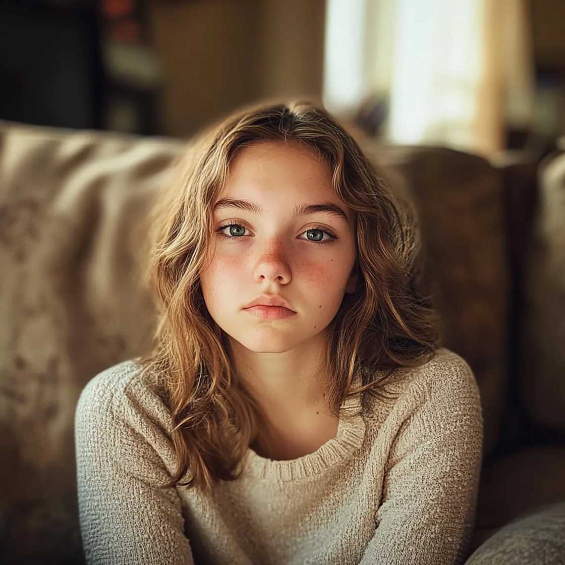 An upset teenage girl sitting on a couch An upset teenage girl sitting on a couch