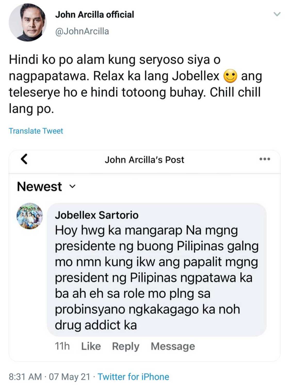 John Arcilla, umalma sa pang-iinsulto ng basher sa role niya: "Di ko alam kung seryos sya" John Arcilla, umalma sa pang-iinsulto ng basher sa role niya: "Di ko alam kung seryos sya"