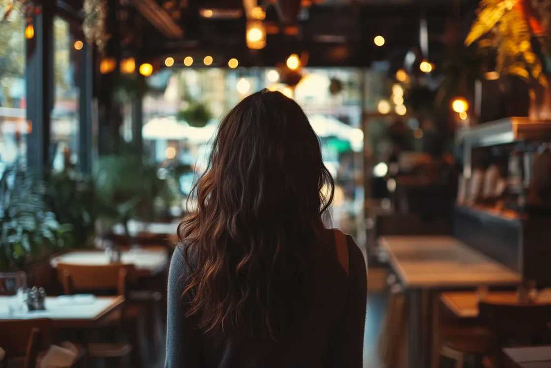 A woman walking in a restaurant A woman walking in a restaurant