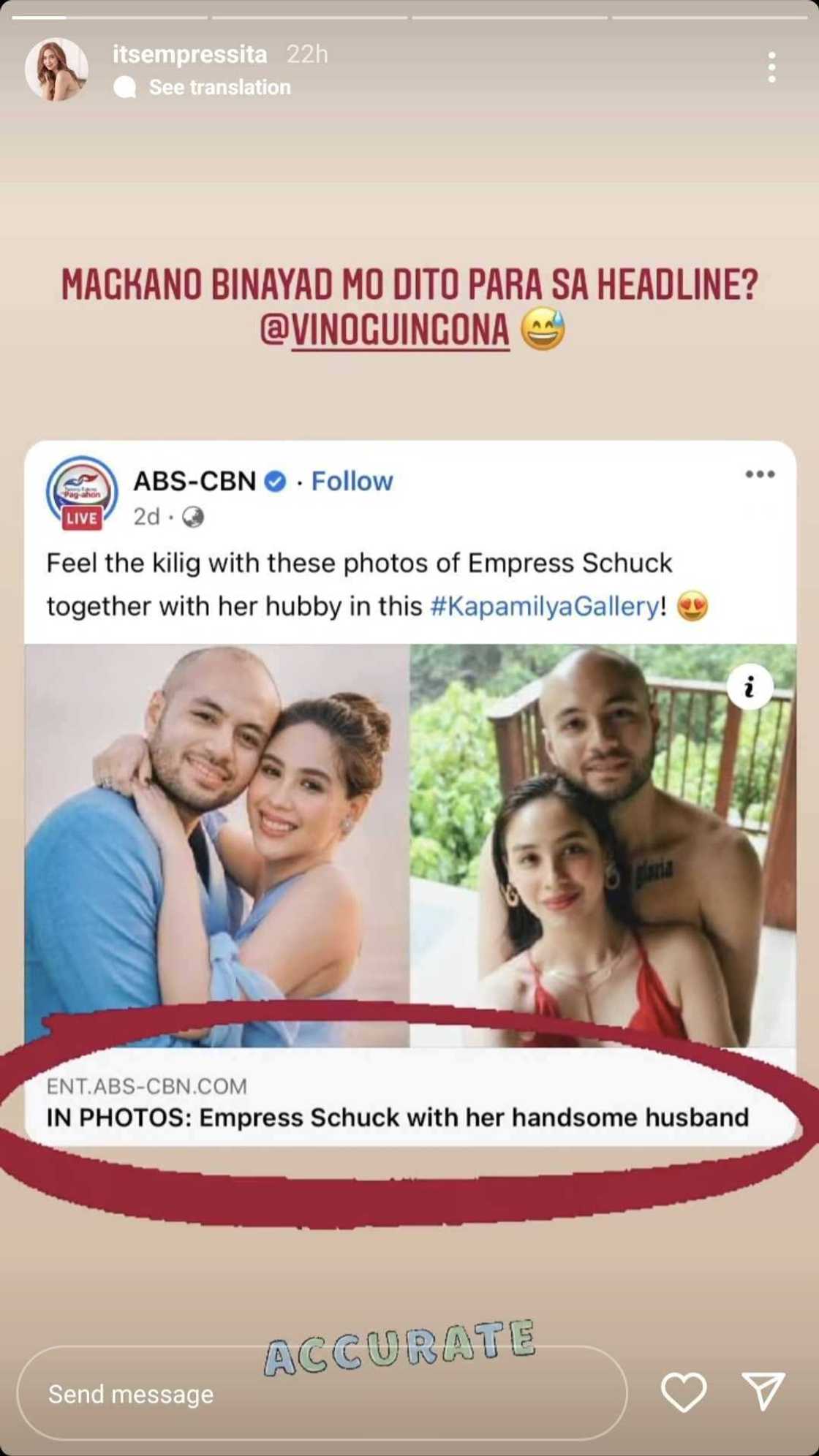 Empress Schuck, inasar ang asawa dahil sa headline ng isang article tungkol sa kanila