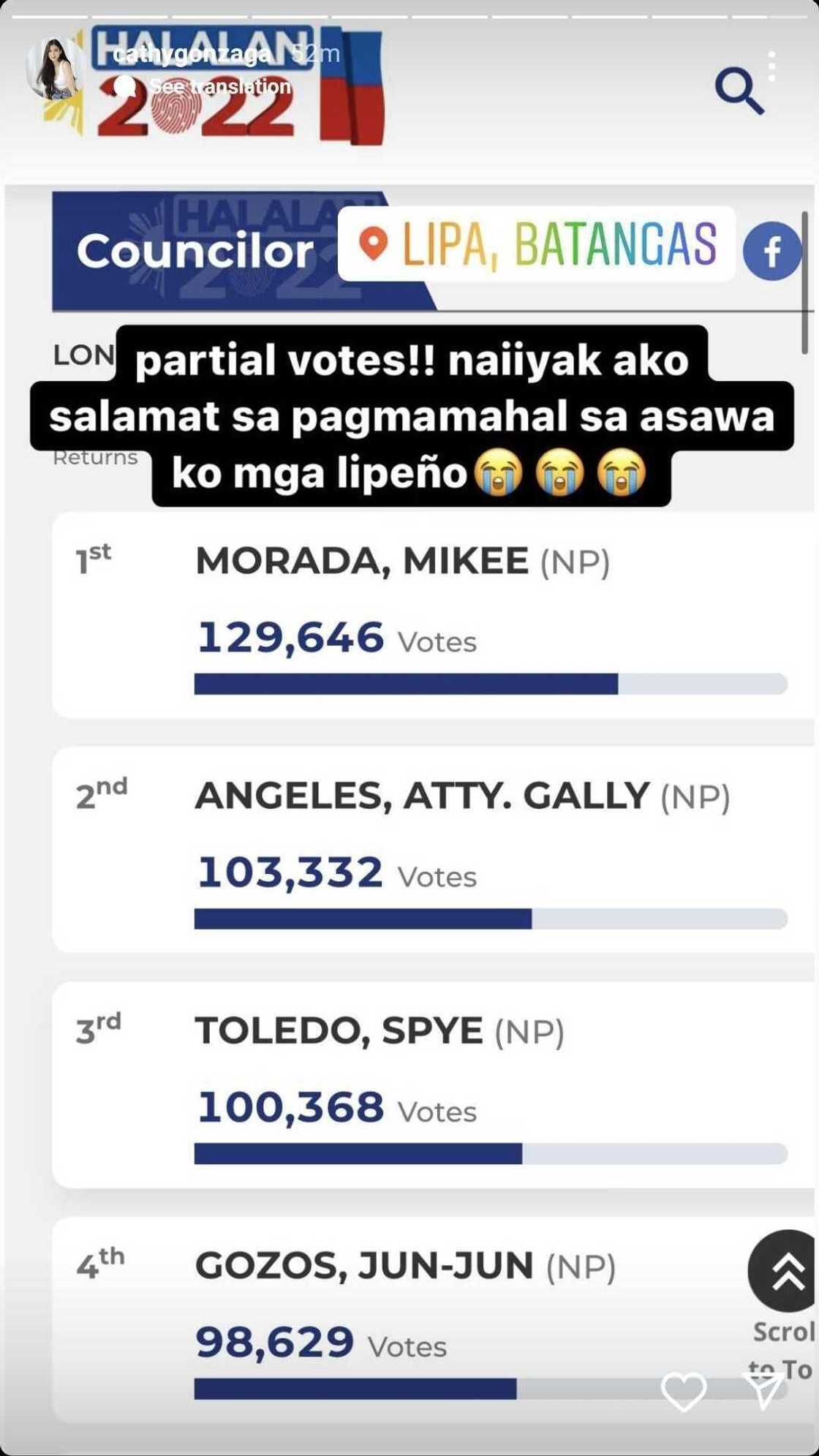 Alex Gonzaga on Mikee Morada leading the Lipa City Council race: "Naiiyak ako"