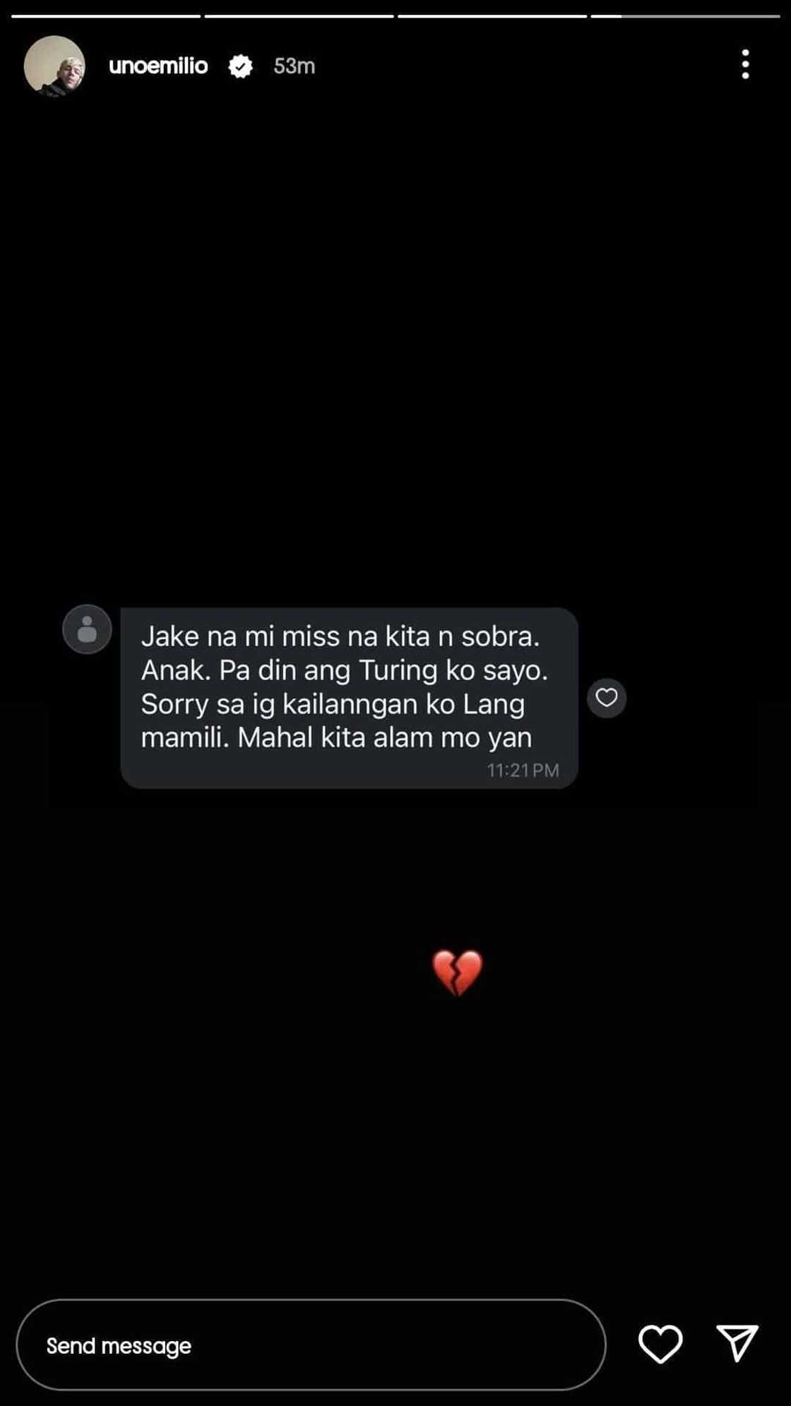 Jake Ejercito shows message of Jaclyn Jose: "Anak pa rin ang turing ko sayo" Jake Ejercito shows message of Jaclyn Jose: "Anak pa rin ang turing ko sayo"
