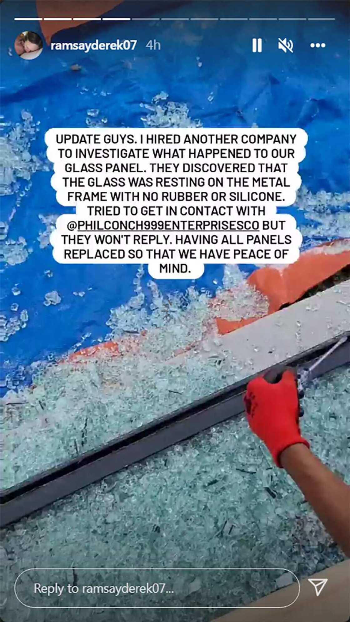 Derek Ramsay, pinaimbestigahan na ang pagkawasak ng isa niyang glass wall: “Having all panels replaced” Derek Ramsay, pinaimbestigahan na ang pagkawasak ng isa niyang glass wall: “Having all panels replaced”