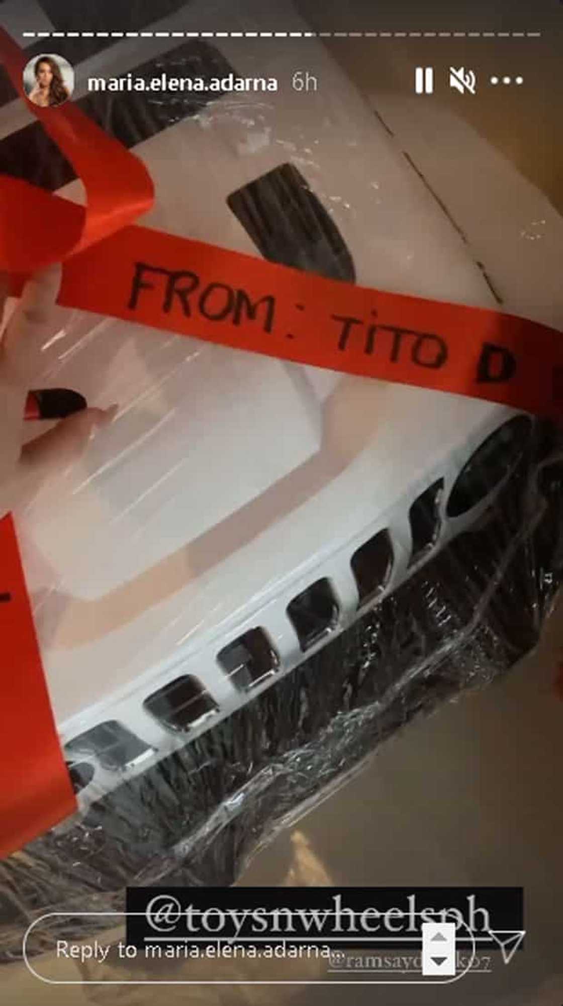 Derek Ramsay gives Elias giant remote control car, labels it: "From Tito D" Derek Ramsay gives Elias giant remote control car, labels it: "From Tito D"