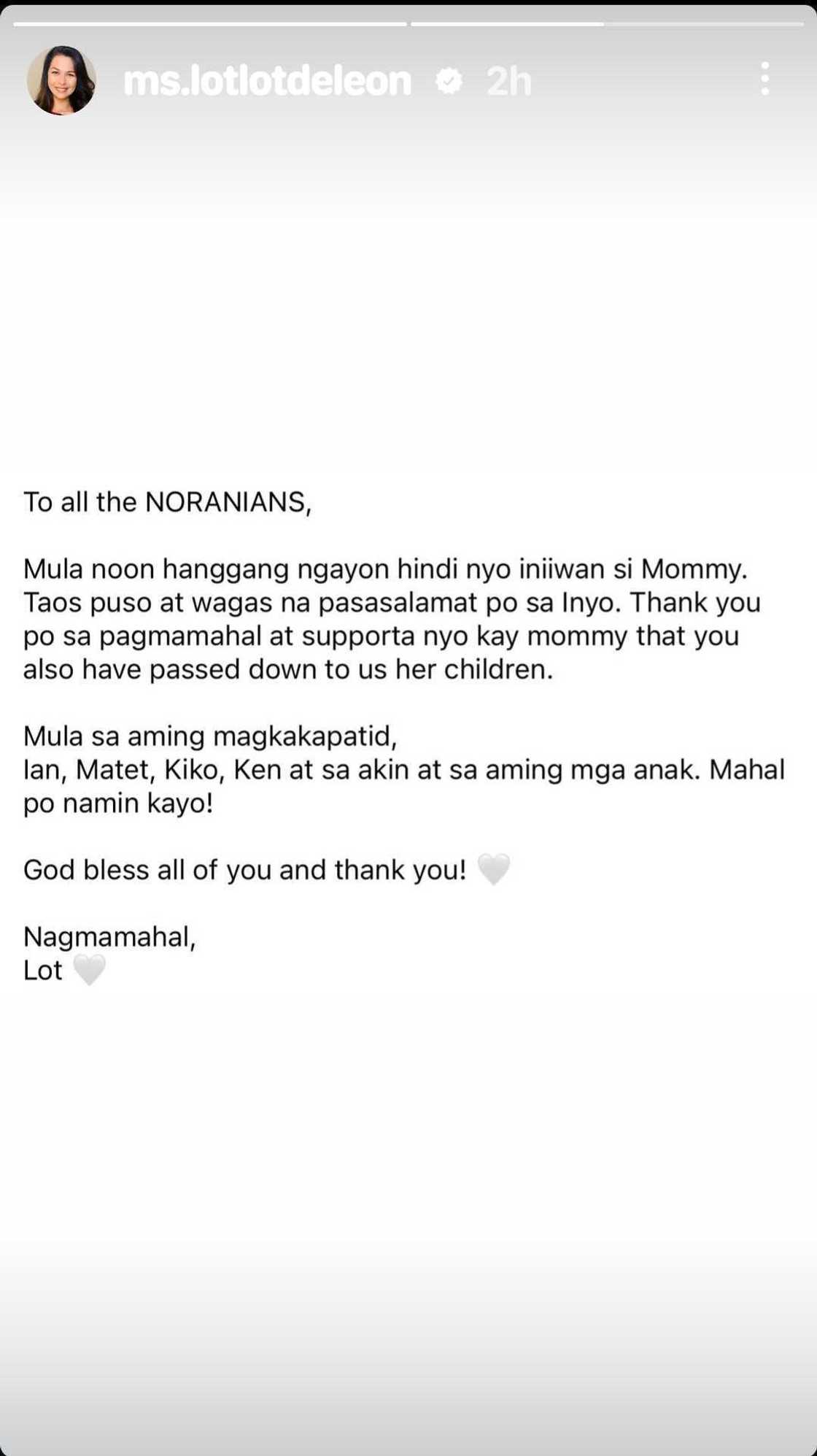 Lotlot de Leon, may nakakaantig na letter para sa Noranians Lotlot de Leon, may nakakaantig na letter para sa Noranians