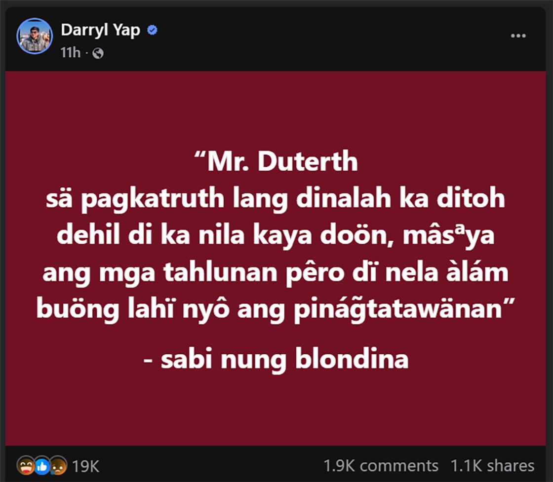 Darryl Yap, “blondina” post niya sa social media, nag-viral: “Mr. Duterth pagkatruth lang”