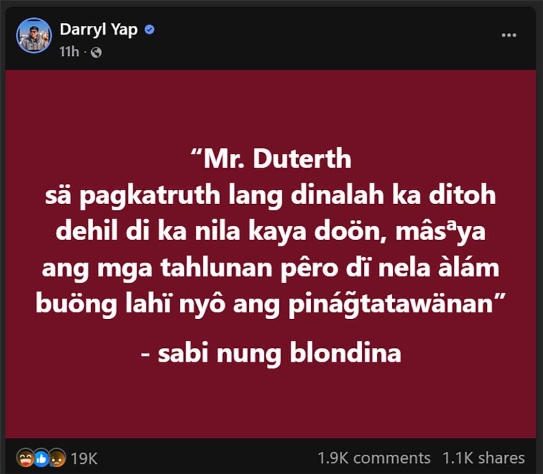 Darryl Yap, “blondina” post niya sa social media, nag-viral: “Mr. Duterth pagkatruth lang” Darryl Yap, “blondina” post niya sa social media, nag-viral: “Mr. Duterth pagkatruth lang”