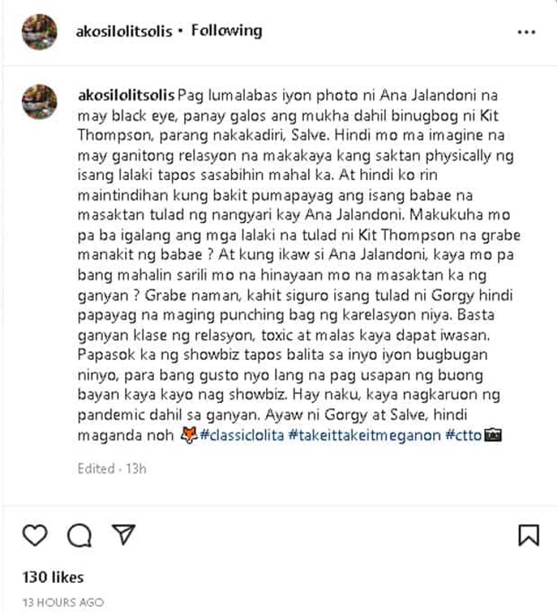 Lolit Solis, hindi maintindihan kung bakit may mga babaeng pumapayag masaktan tulad ni Ana Jalandoni Lolit Solis, hindi maintindihan kung bakit may mga babaeng pumapayag masaktan tulad ni Ana Jalandoni