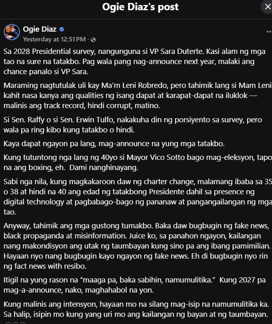 Ogie Diaz urges 2028 presidential candidates to announce bids early: “Mag announce na”