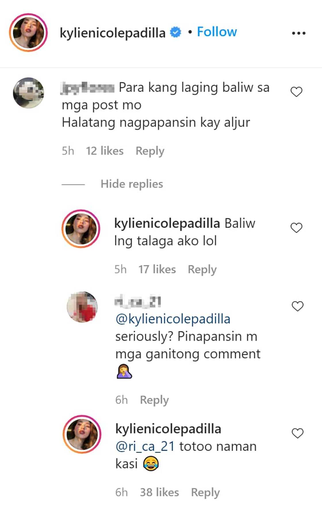 Kylie Padilla agrees with basher who commented that she's crazy and is seeking Aljur's attention Kylie Padilla agrees with basher who commented that she's crazy and is seeking Aljur's attention