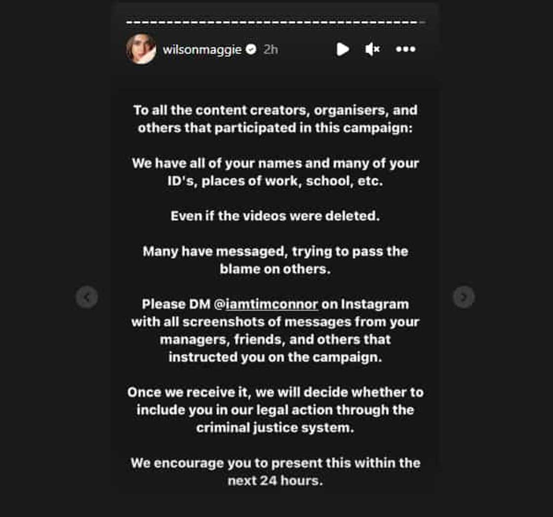 Maggie Wilson, nagbigay ng 24 oras ultimatum sa mga kasali sa umano'y smear campain Maggie Wilson, nagbigay ng 24 oras ultimatum sa mga kasali sa umano'y smear campain