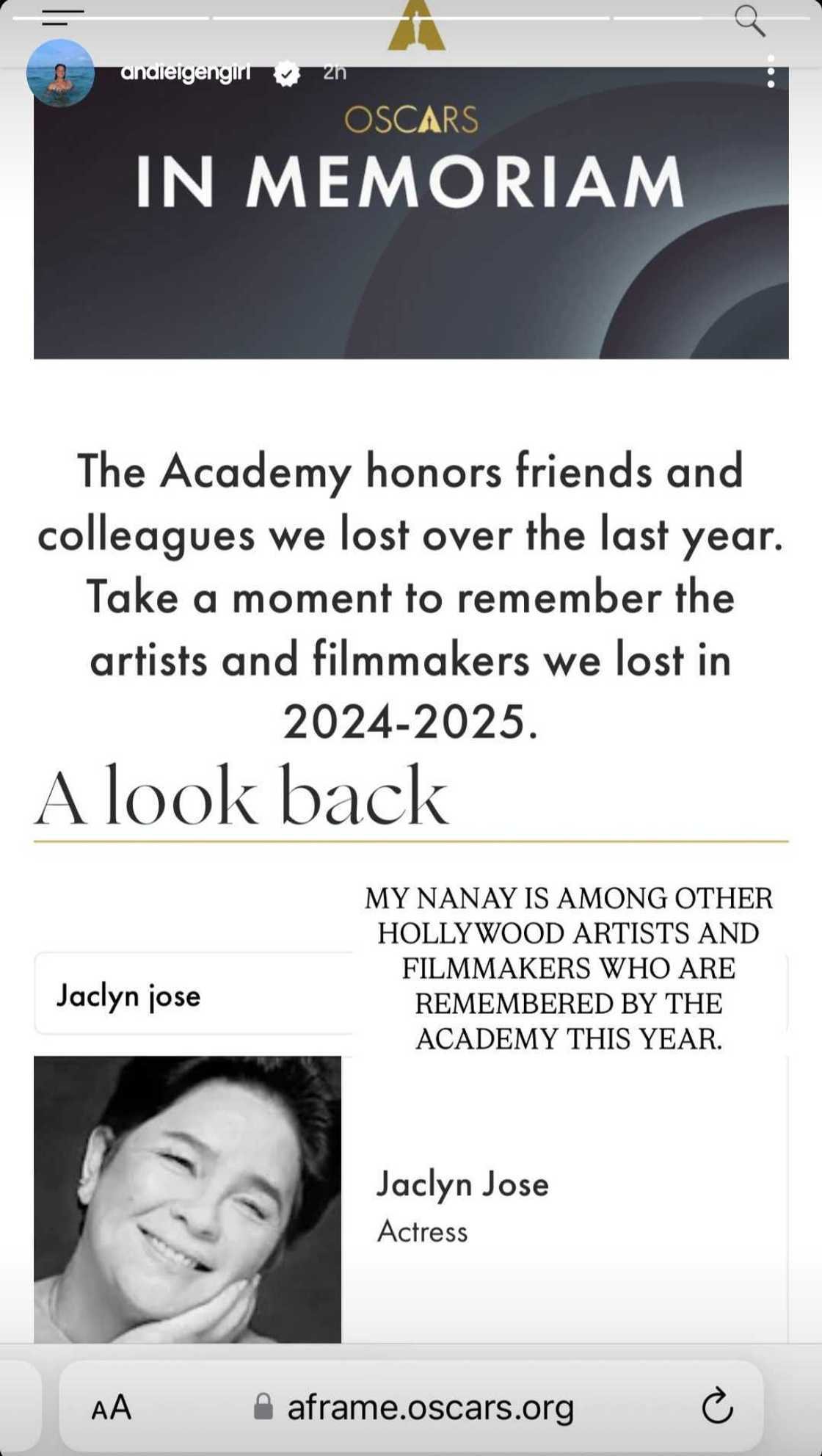 Jaclyn Jose, napabilang sa 'Memoriam' ng Oscars 2025; Andi Eigenmann, nag-react Jaclyn Jose, napabilang sa 'Memoriam' ng Oscars 2025; Andi Eigenmann, nag-react