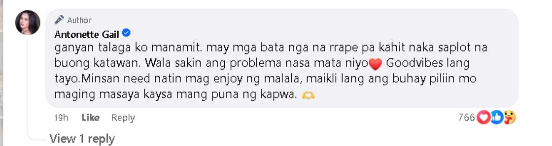 Antonette Gail, umalma sa mga bashers ng kanyang pananamit