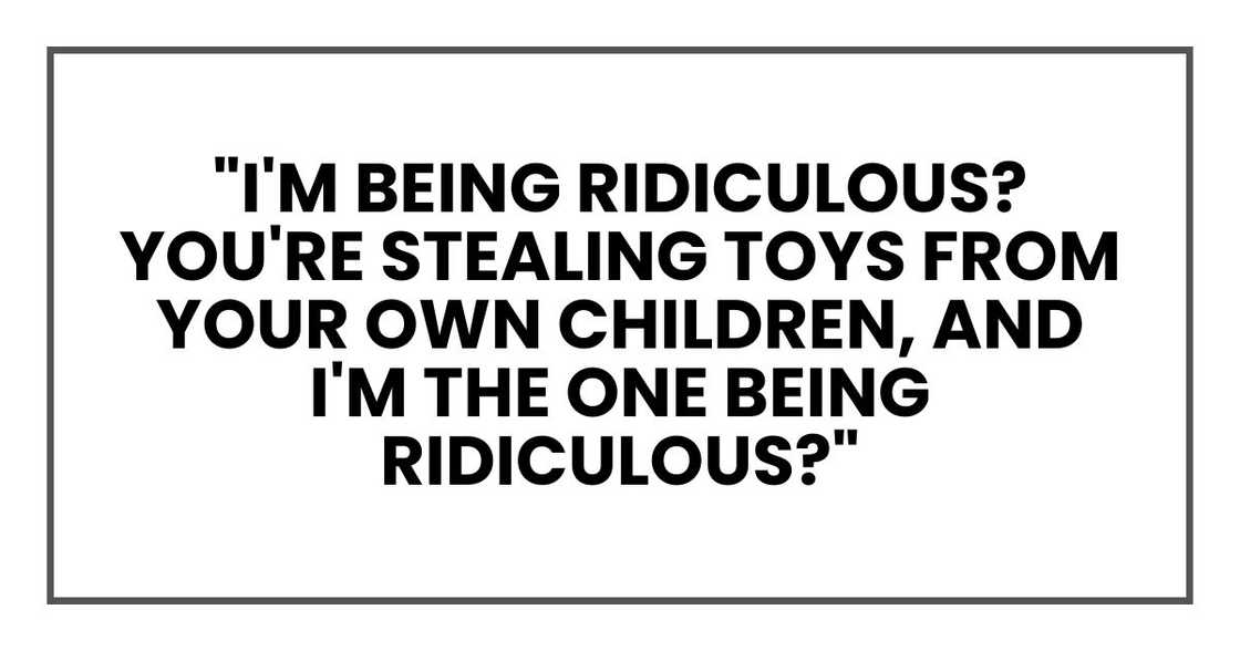 "I'm being ridiculous? You're stealing toys from your own children, and I'm the one being RIDICULOUS?"
