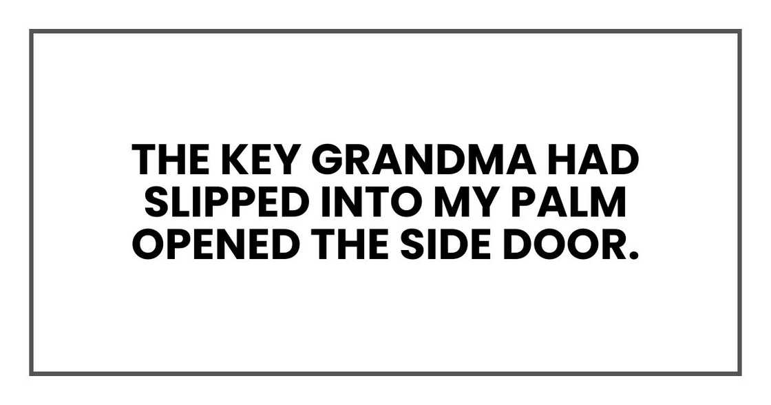 The key Grandma had slipped into my palm opened the side door. The key Grandma had slipped into my palm opened the side door.