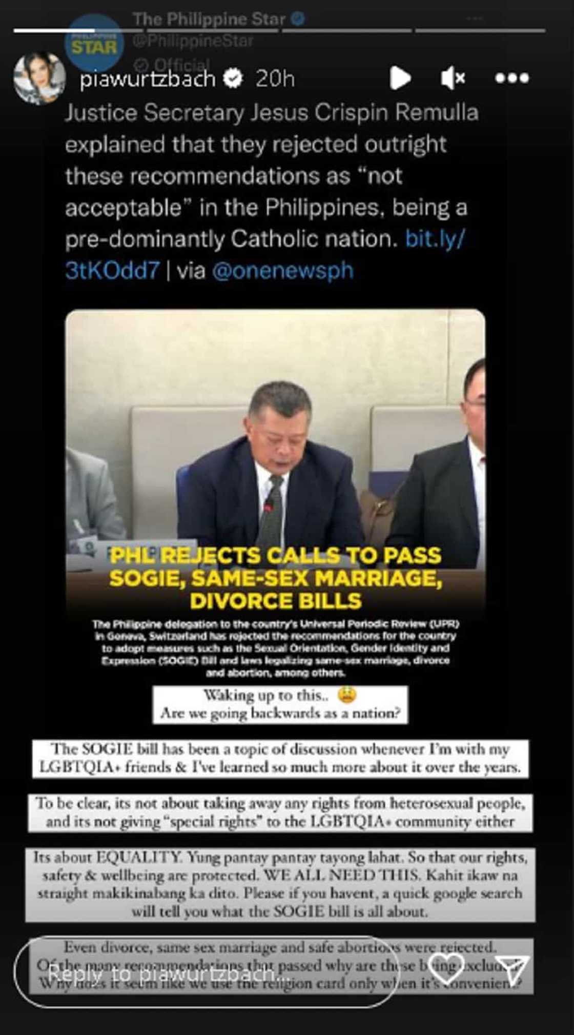 Pia Wurtzbach, nalungkot sa pahayag ng DOJ Secretary ukol sa SOGIE recommendations: “Are we going backwards?” Pia Wurtzbach, nalungkot sa pahayag ng DOJ Secretary ukol sa SOGIE recommendations: “Are we going backwards?”