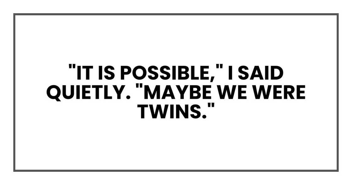 "It is possible," I said quietly. "Maybe we were twins."