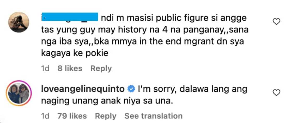 Angeline Quinto, sinagot ang komento na apat umano ang panganay ng kanyang asawa Angeline Quinto, sinagot ang komento na apat umano ang panganay ng kanyang asawa