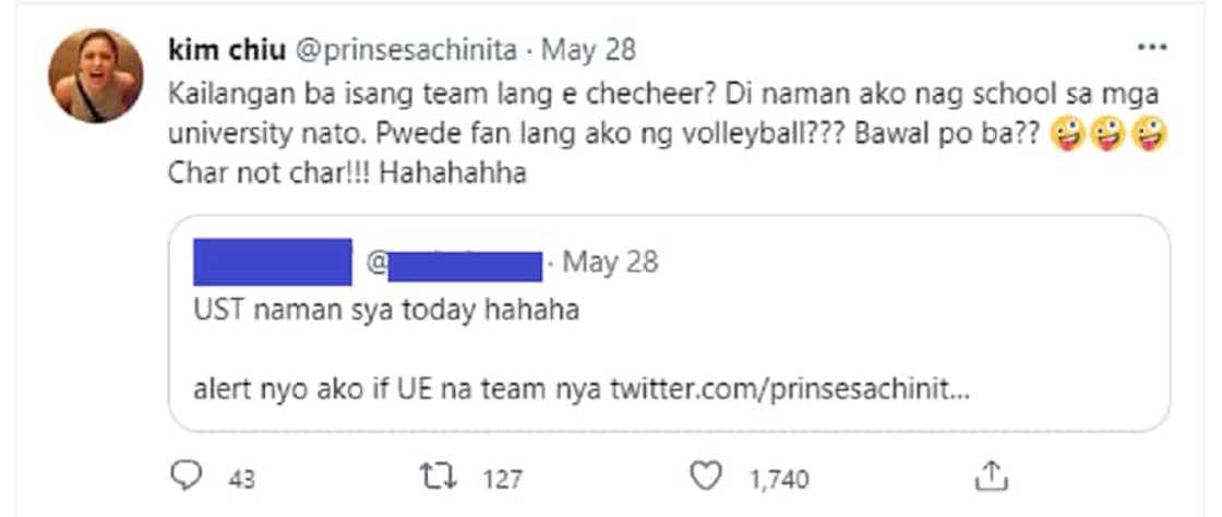 Kim Chiu, sinagot ang komento ng netizen ukol sa pagsuporta niya sa UST Volleyball Team: "Bawal po ba?" Kim Chiu, sinagot ang komento ng netizen ukol sa pagsuporta niya sa UST Volleyball Team: "Bawal po ba?"