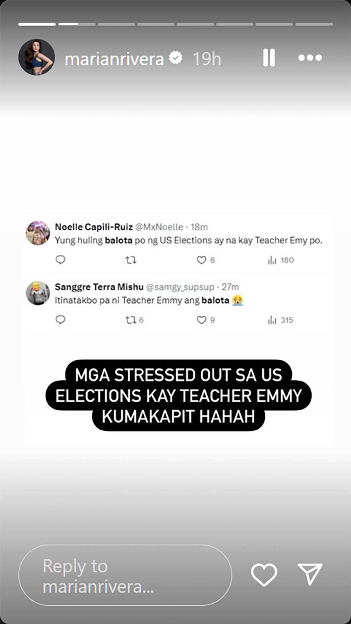 Marian Rivera, nawindang sa aniya'y pagkapit kay Teacher Emmy ng mga stressed sa US elections Marian Rivera, nawindang sa aniya'y pagkapit kay Teacher Emmy ng mga stressed sa US elections